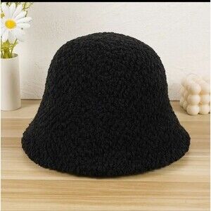 Fluffy Black Bucket Hat soft acrylic sponge like material
